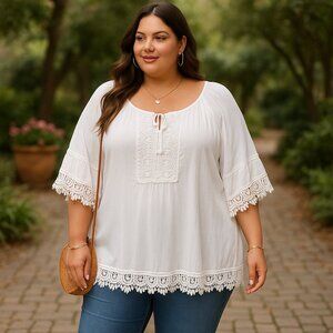Nation AK Outfits White Boho Peasant Top 3X Plus Size Crochet Trim Rayon Blouse